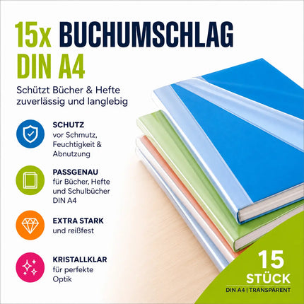15x Buchumschlag DIN A4 transparent - Buchhülle & Umschlag durchsichtig & klar- für Bücher, Hefte, Buchschoner & Hefthülle
