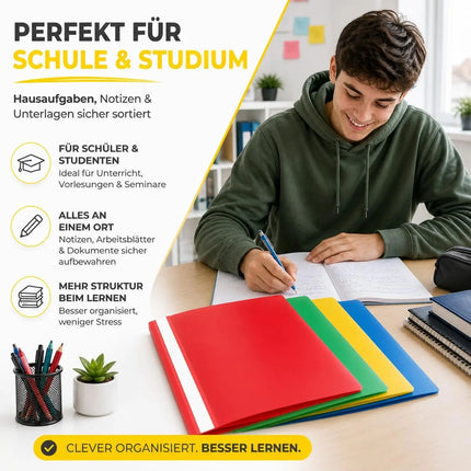 16x Schnellhefter A4 bunt – Heftmappen aus Kunststoff mit transparenter Vorderseite & Beschriftungsfeld – Rot, Grün, Gelb & Blau (1x Set (16 Stück))