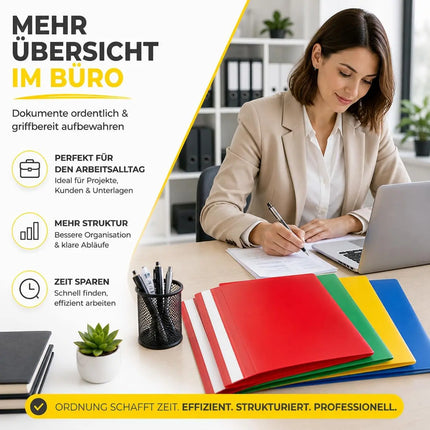 16x Schnellhefter A4 bunt – Heftmappen aus Kunststoff mit transparenter Vorderseite & Beschriftungsfeld – Rot, Grün, Gelb & Blau (1x Set (16 Stück))