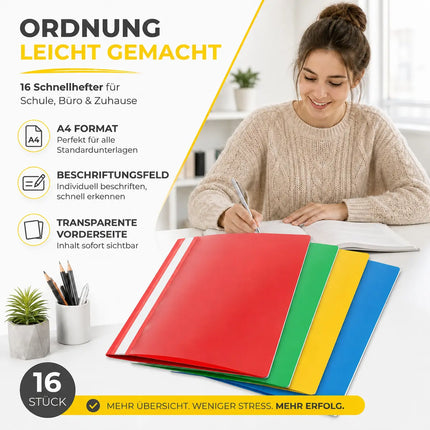 16x Schnellhefter A4 bunt – Heftmappen aus Kunststoff mit transparenter Vorderseite & Beschriftungsfeld – Rot, Grün, Gelb & Blau (1x Set (16 Stück))