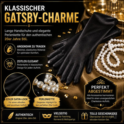 1920er Jahre Set Damen – Elegantes Charleston Acc20er Set Damen Kostüm – 1920er Jahre Charleston Accessories Great Gatsby mit Handschuhe, Halskette, Stirnband schwarz – Fasching & Karnevalessoire Fasching & Karneval