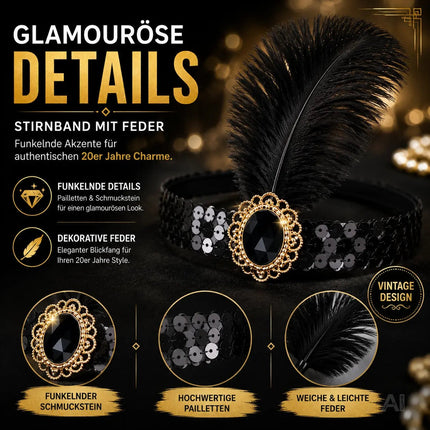 1920er Jahre Set Damen – Elegantes Charleston Acc20er Set Damen Kostüm – 1920er Jahre Charleston Accessories Great Gatsby mit Handschuhe, Halskette, Stirnband schwarz – Fasching & Karnevalessoire Fasching & Karneval