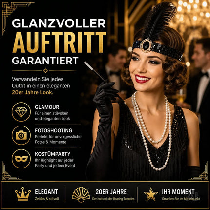 1920er Jahre Set Damen – Elegantes Charleston Acc20er Set Damen Kostüm – 1920er Jahre Charleston Accessories Great Gatsby mit Handschuhe, Halskette, Stirnband schwarz – Fasching & Karnevalessoire Fasching & Karneval