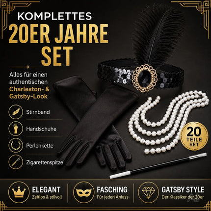 1920er Jahre Set Damen – Elegantes Charleston Acc20er Set Damen Kostüm – 1920er Jahre Charleston Accessories Great Gatsby mit Handschuhe, Halskette, Stirnband schwarz – Fasching & Karnevalessoire Fasching & Karneval