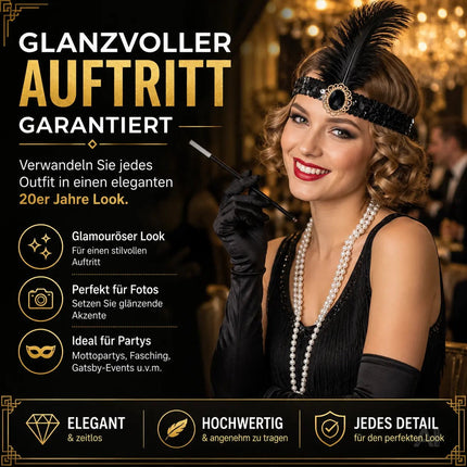 1920er Jahre Set Damen – Elegantes Charleston Acc20er Set Damen Kostüm – 1920er Jahre Charleston Accessories Great Gatsby mit Handschuhe, Halskette, Stirnband schwarz – Fasching & Karnevalessoire Fasching & Karneval