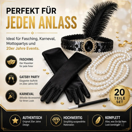 1920er Jahre Set Damen – Elegantes Charleston Acc20er Set Damen Kostüm – 1920er Jahre Charleston Accessories Great Gatsby mit Handschuhe, Halskette, Stirnband schwarz – Fasching & Karnevalessoire Fasching & Karneval