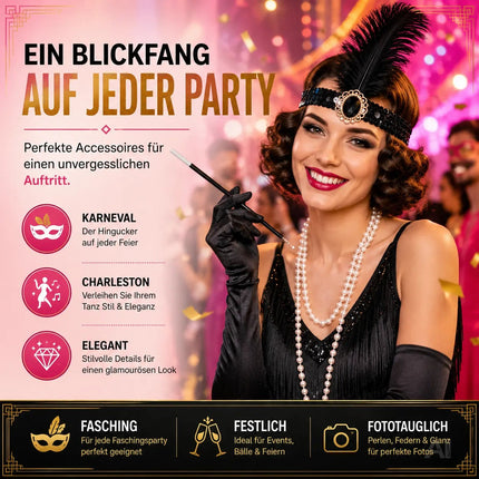 1920er Jahre Set Damen – Elegantes Charleston Acc20er Set Damen Kostüm – 1920er Jahre Charleston Accessories Great Gatsby mit Handschuhe, Halskette, Stirnband schwarz – Fasching & Karnevalessoire Fasching & Karneval