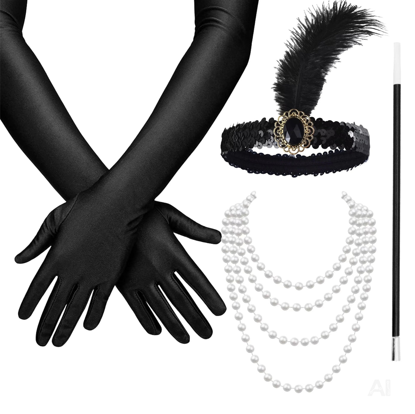 1920er Jahre Set Damen – Elegantes Charleston Acc20er Set Damen Kostüm – 1920er Jahre Charleston Accessories Great Gatsby mit Handschuhe, Halskette, Stirnband schwarz – Fasching & Karnevalessoire Fasching & Karneval