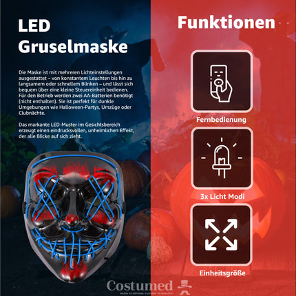 Halloween Maske Purge LED blau - Kostümmaske steuerbar für Halloween, Fasching & Karneval als Kostüm & Verleidung für Herren & Damen