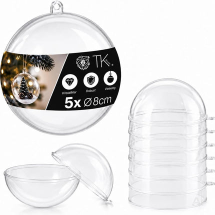 5x Weihnachtskugeln aus Kunststoff – Transparente Acrylkugeln in Glasoptik mit Aufhängeöse, Christbaumschmuck & Weihnachtsdeko - Weihnachten & Advent (5x Ø 8 cm)