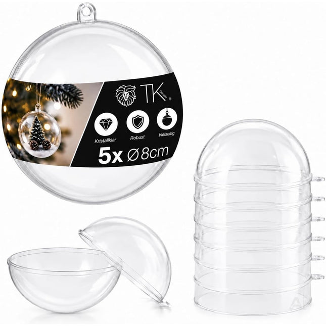5x Weihnachtskugeln aus Kunststoff – Transparente Acrylkugeln in Glasoptik mit Aufhängeöse, Christbaumschmuck & Weihnachtsdeko - Weihnachten & Advent (5x Ø 8 cm)
