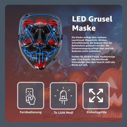LED Grusel blau Maske - wie aus Purge steuerbar, Gesicht leuchtend, für Halloween, Fasching & Karneval