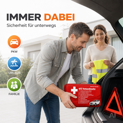 3 in 1 Set Auto Erste Hilfe Kit - KFZ-Verbandskasten, Warnweste, Warndreieck