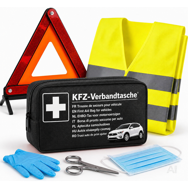 3 in 1 KFZ Pannenset 2026 & Autozubehör - Auto Erste Hilfe Set mit Verbandskasten & Warnweste für StVO