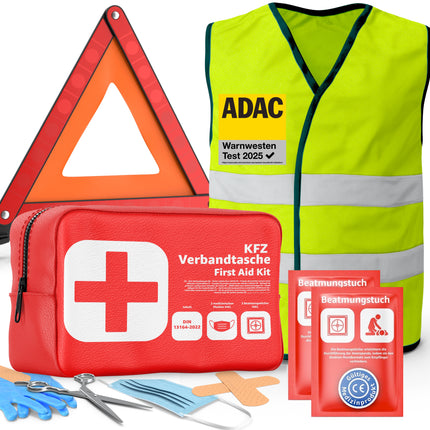 3 in 1 Set Auto Erste Hilfe Kit 2025 - KFZ-Verbandskasten, Warnweste - Pannenset & Unfallzubehör für PKW
