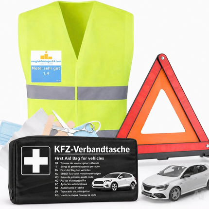 3 in 1 Set Auto Erste Hilfe Kit 2026 - KFZ-Verbandskasten, Warnweste & Pannenset