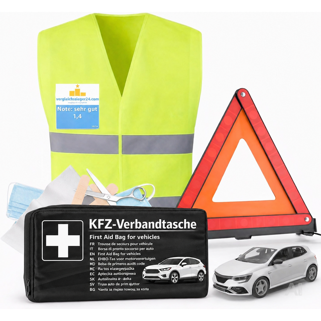 3 in 1 Set Auto Erste Hilfe Kit 2026 - KFZ-Verbandskasten, Warnweste & Pannenset
