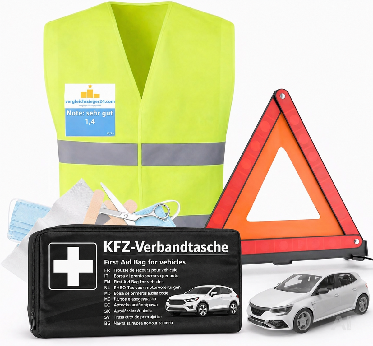 3 in 1 Set Auto Erste Hilfe Kit 2026 - KFZ-Verbandskasten, Warnweste & Pannenset