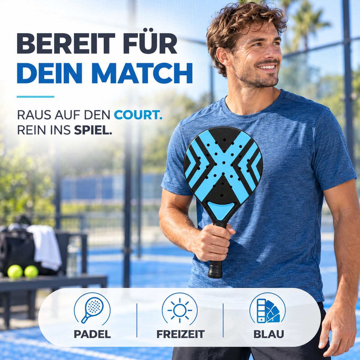 2er Padelschläger Set für Erwachsene – Padel Rackets mit Tragetasche für Anfänger & Fortgeschrittene, Sport und Training (2er Set Blau)