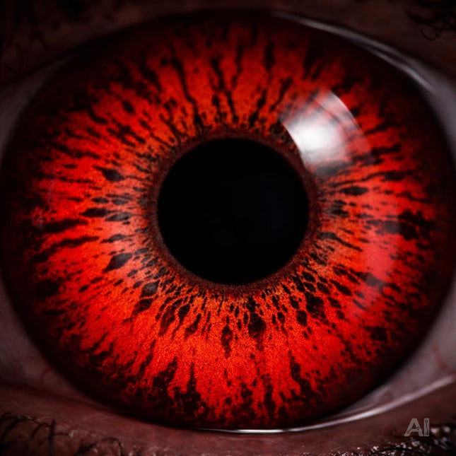 Rote Halloween-Kontaktlinsen ohne Stärke – Nahaufnahme am Auge