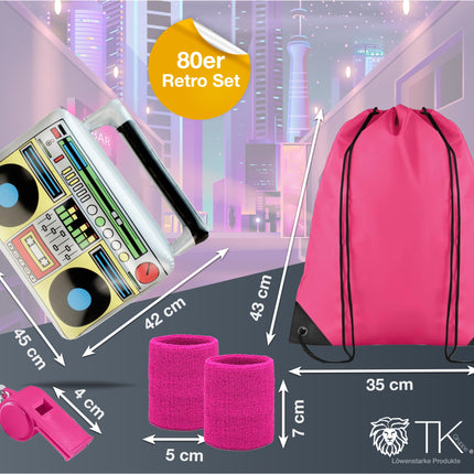 Kostümheld® 5 in 1 - Retro pink Set mit Schweißbänder & Ghettoblaster uvm. - als Accessoire Vokuhila Kostüm zu Retro neon 80er 90er Fasching & Karneval