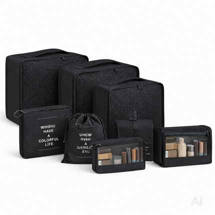Kofferorganizer 8er Set mit Kosmetiktasche – Packtaschen & Packwürfel für Reisen, ideale Kleidertasche (Schwarz)