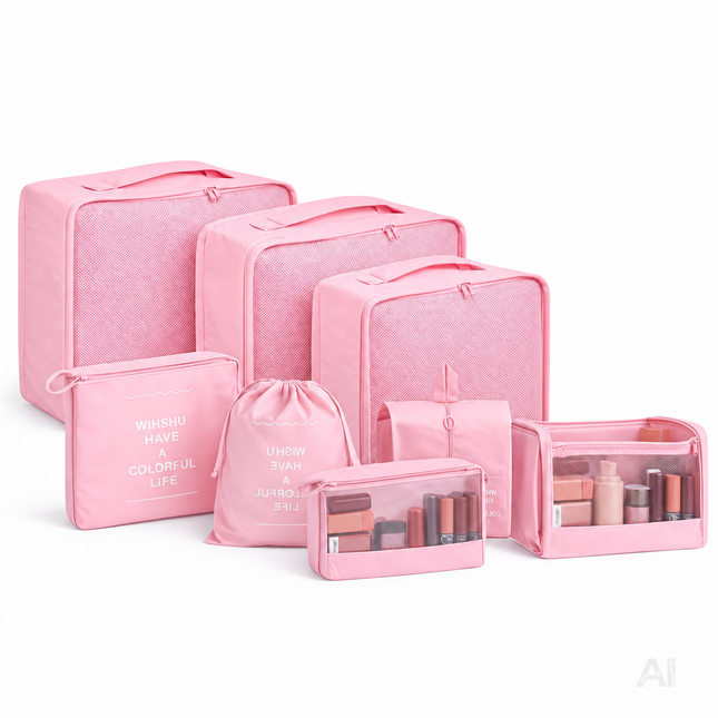 Kofferorganizer 8er Set mit Kosmetiktasche – Packtaschen & Packwürfel für Reisen, ideale Kleidertasche (Pink)