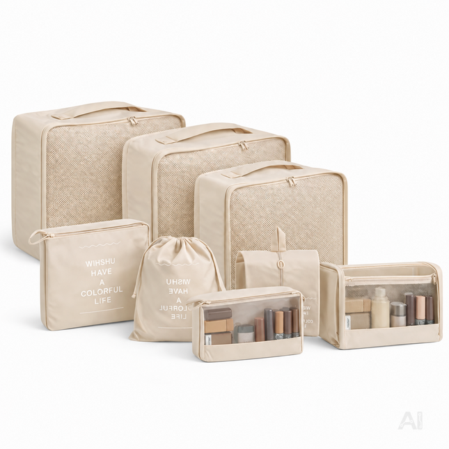 Kofferorganizer 8er Set mit Kosmetiktasche – Packtaschen & Packwürfel für Reisen, ideale Kleidertasche (Beige)