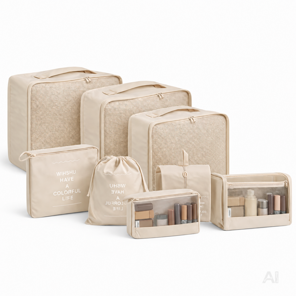 Kofferorganizer 8er Set mit Kosmetiktasche – Packtaschen & Packwürfel für Reisen, ideale Kleidertasche (Beige)
