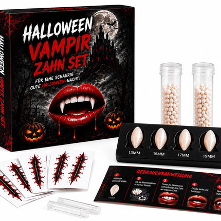XXL Vampirzähne zum Aufstecken & Aufkleben – Vampirzähne für Dracula- & Vampirkostüm – Halloween, Karneval & Mottoparty