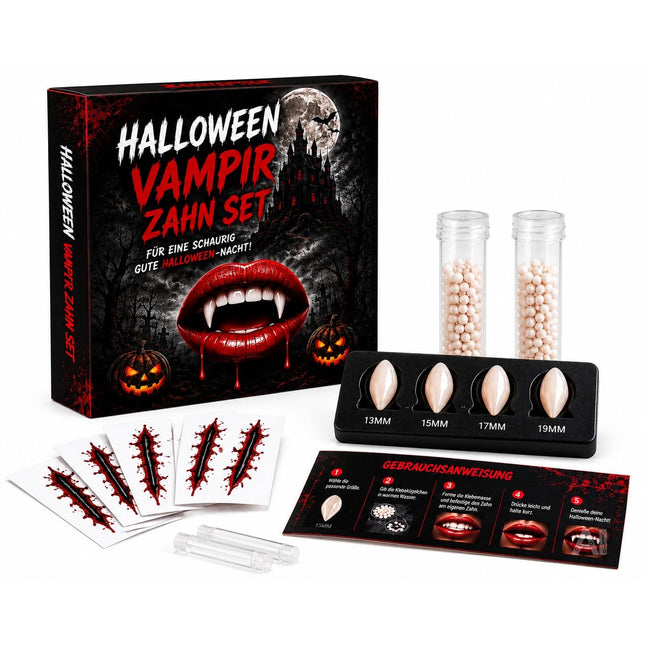 XXL Vampirzähne zum Aufstecken & Aufkleben – Vampirzähne für Dracula- & Vampirkostüm – Halloween, Karneval & Mottoparty