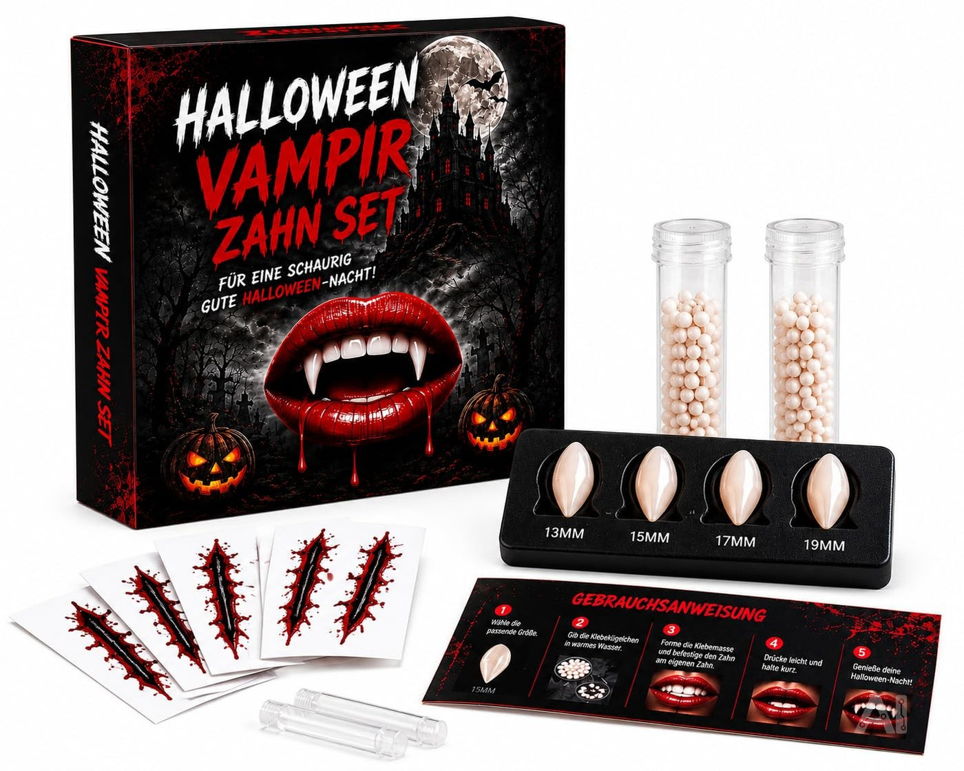 XXL Vampirzähne zum Aufstecken & Aufkleben – Vampirzähne für Dracula- & Vampirkostüm – Halloween, Karneval & Mottoparty