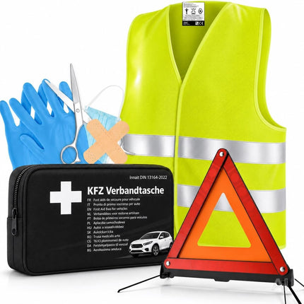 3 in 1 Set Auto Erste Hilfe Kit - KFZ-Verbandskasten, Warnweste, Warndreieck