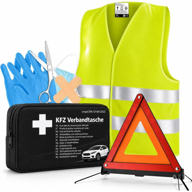 3 in 1 Set Auto Erste Hilfe Kit - KFZ-Verbandskasten, Warnweste, Warndreieck