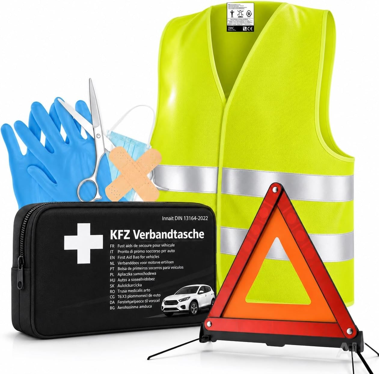 3 in 1 Set Auto Erste Hilfe Kit - KFZ-Verbandskasten, Warnweste, Warndreieck