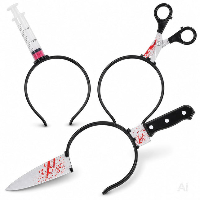 3 in 1 Halloween Horror Accessoire Set – Blutige Spritze, Messer & Schere – Grusel Zubehör für Halloween, Fasching & Kostüm