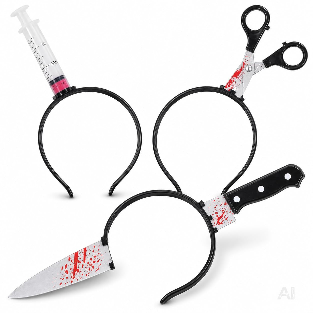 3 in 1 Halloween Horror Accessoire Set – Blutige Spritze, Messer & Schere – Grusel Zubehör für Halloween, Fasching & Kostüm