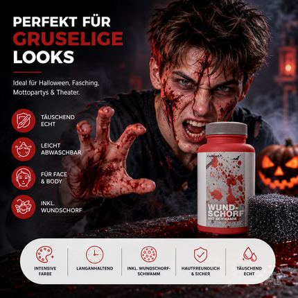 15 ml Blut - Fake Blood mit Wundschorf - täuschend echt & abwaschbar - Kunstblut - für Halloween & Fasching zum Schminken und Verkleiden
