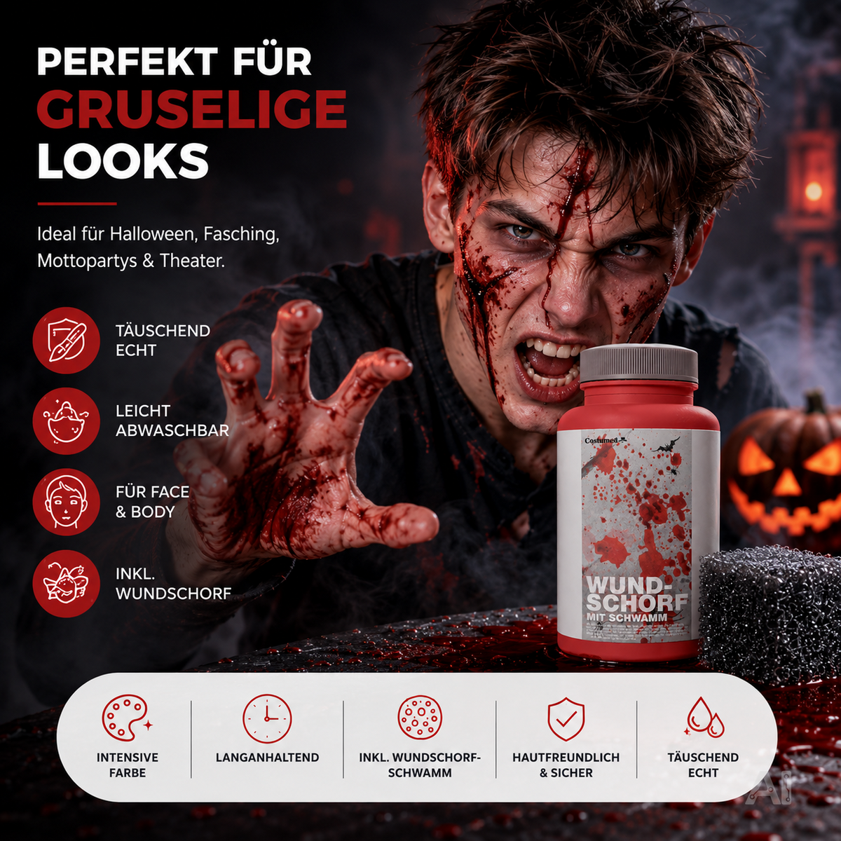 15 ml Blut - Fake Blood mit Wundschorf - täuschend echt & abwaschbar - Kunstblut - für Halloween & Fasching zum Schminken und Verkleiden