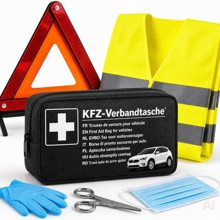 3 in 1 KFZ Set - KFZ-Verbandskasten, Warnweste, Warndreieck - Pannenset & Unfallzubehör für PKW