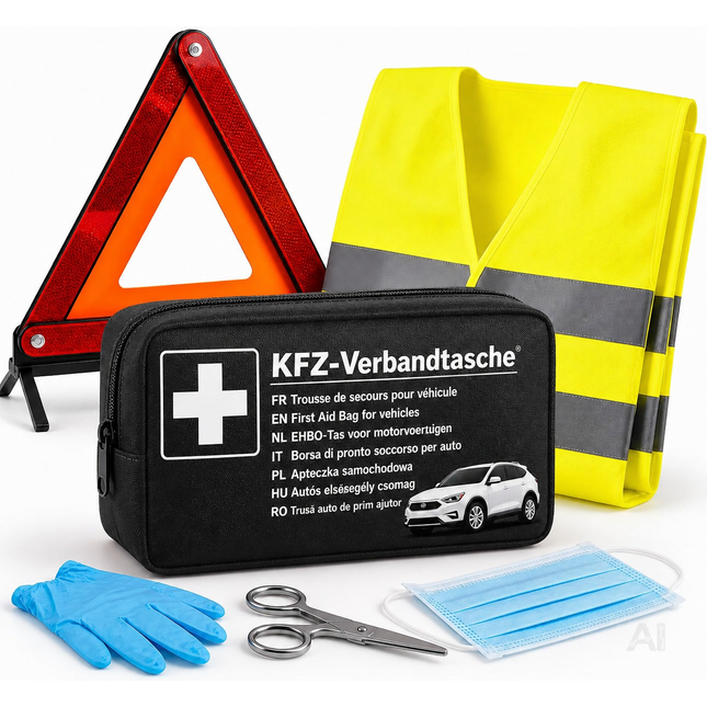 3 in 1 KFZ Set - KFZ-Verbandskasten, Warnweste, Warndreieck - Pannenset & Unfallzubehör für PKW