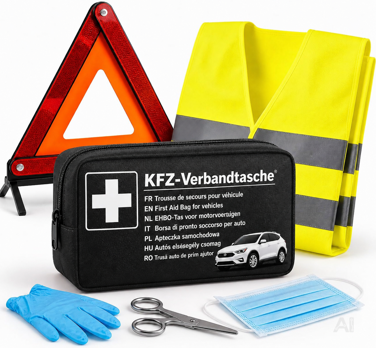 3 in 1 KFZ Set - KFZ-Verbandskasten, Warnweste, Warndreieck - Pannenset & Unfallzubehör für PKW