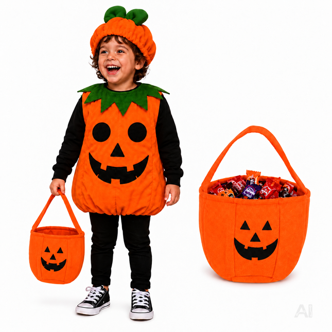 Kürbis-Kostüm für Kinder mit Tasche – ca. 92–104 cm