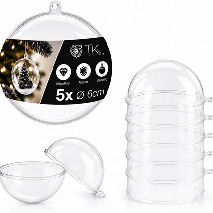 5x Weihnachtskugeln aus Kunststoff – Transparente Acrylkugeln in Glasoptik mit Aufhängeöse, Christbaumschmuck & Weihnachtsdeko - Weihnachten & Advent (5x Ø 6 cm)