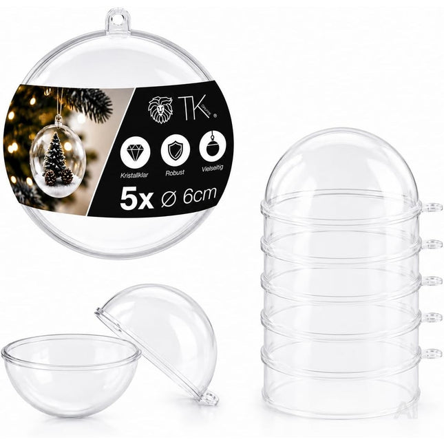 5x Weihnachtskugeln aus Kunststoff – Transparente Acrylkugeln in Glasoptik mit Aufhängeöse, Christbaumschmuck & Weihnachtsdeko - Weihnachten & Advent (5x Ø 6 cm)