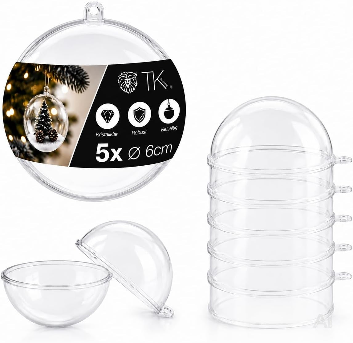 5x Weihnachtskugeln aus Kunststoff – Transparente Acrylkugeln in Glasoptik mit Aufhängeöse, Christbaumschmuck & Weihnachtsdeko - Weihnachten & Advent (5x Ø 6 cm)