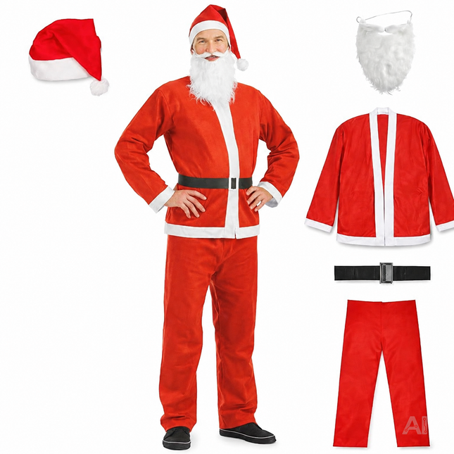 5 in 1 Weihnachtsmannkostüm & Nikolauskostüm für Herren – Weihnachtsmann Anzug mit Mütze, Bart, Hose & Gürtel für Advent, Nikolaus & Weihnachten