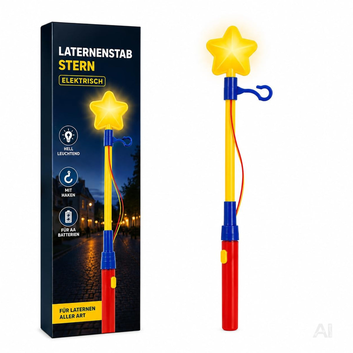 Elektrischer Laternenstab Stern – heller Laternenstab mit Haken für St. Martin, Halloween & Laternenumzug – für AA Batterien