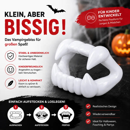 1x Vampirgebiss Fasching - kinderfreundlich - passend für Kinder - stabil & unbedenklich - Vampirzähne Gebiss Dracula