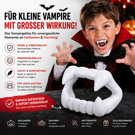 1x Vampirgebiss Fasching - kinderfreundlich - passend für Kinder - stabil & unbedenklich - Vampirzähne Gebiss Dracula